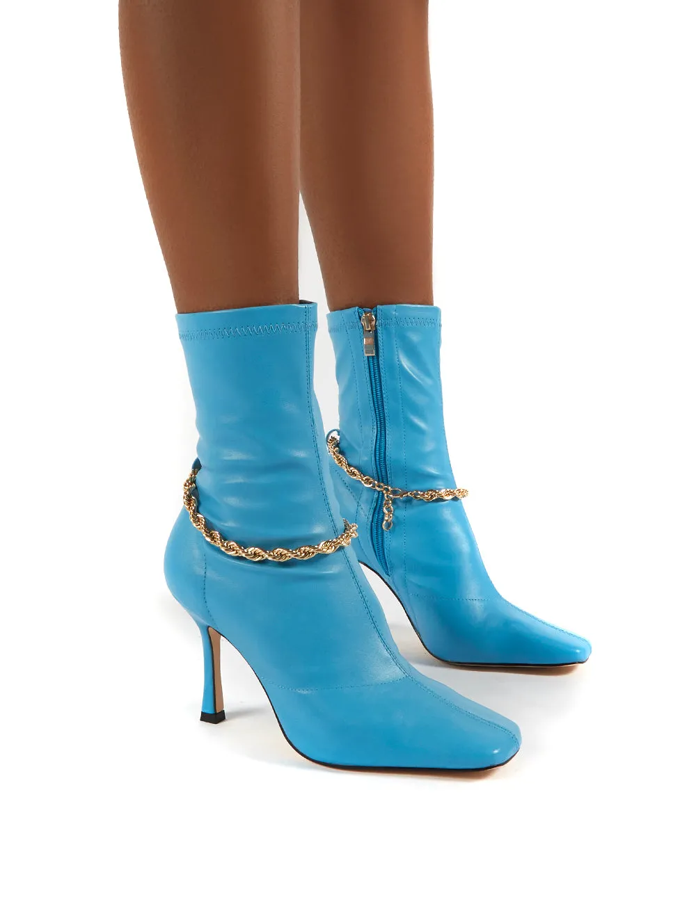 Sacci Blue Wide Fit Chain Detail Square Toe Stiletto Heel Ankle Boots