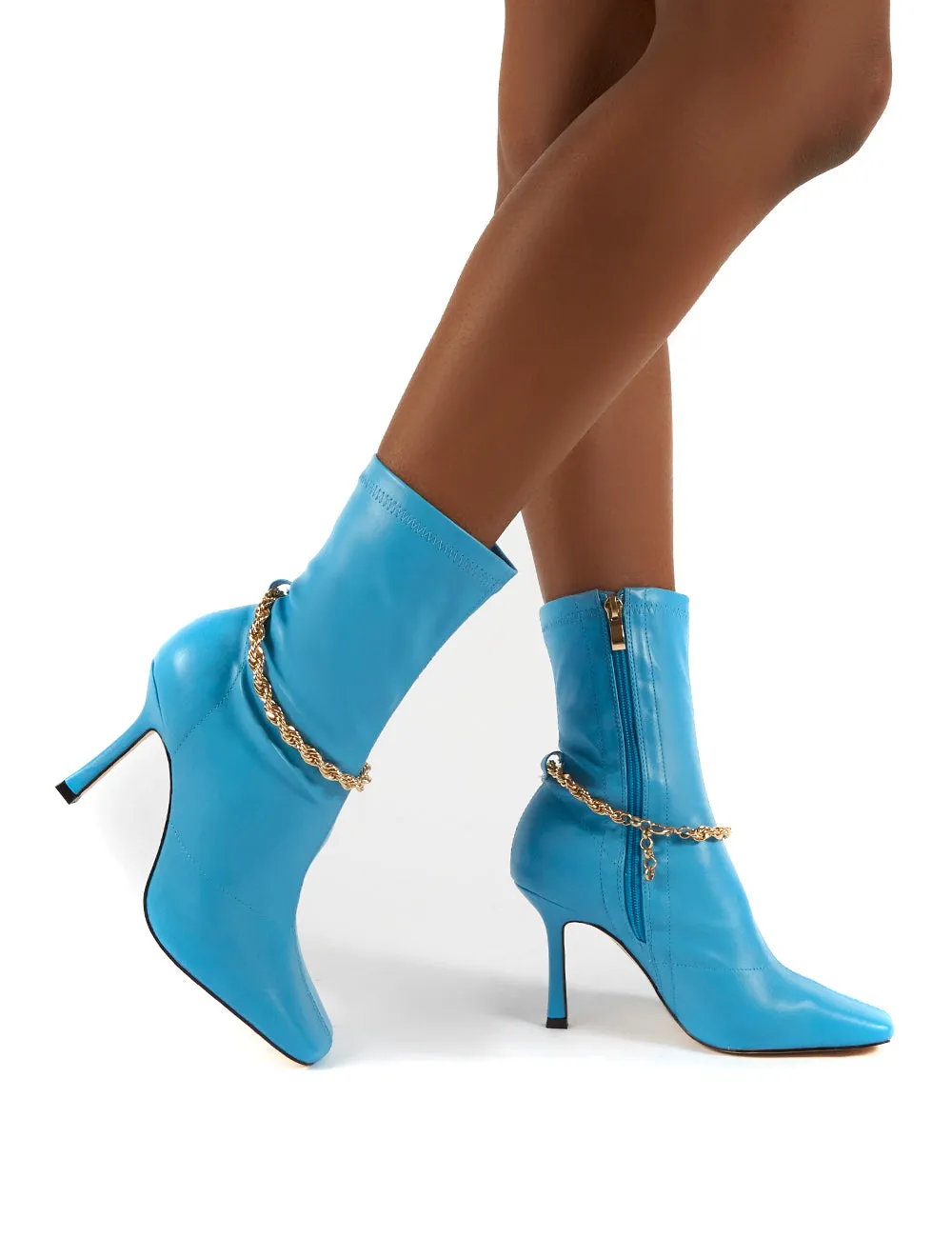 Sacci Blue Wide Fit Chain Detail Square Toe Stiletto Heel Ankle Boots