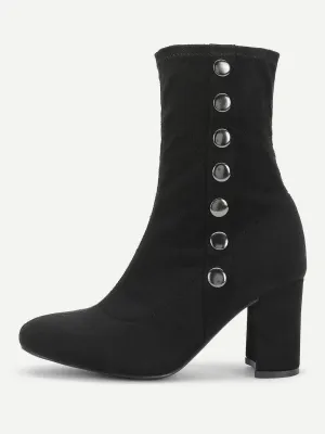 Side Button Block Heeled Suede Boots