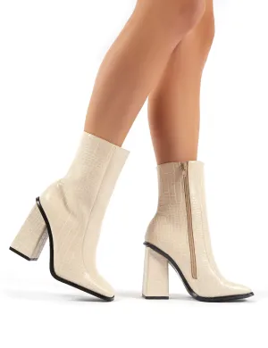 Slick Beige Croc Square Toe Block Heeled Ankle Boots