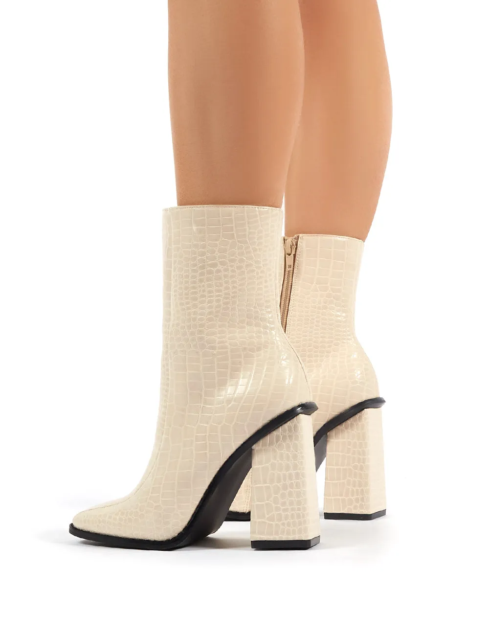 Slick Beige Croc Square Toe Block Heeled Ankle Boots