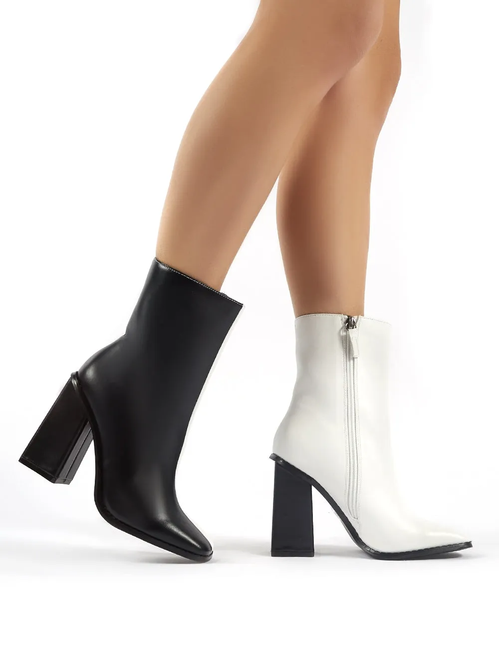 Slick Monochrome Square Toe Block Heeled Ankle Boots