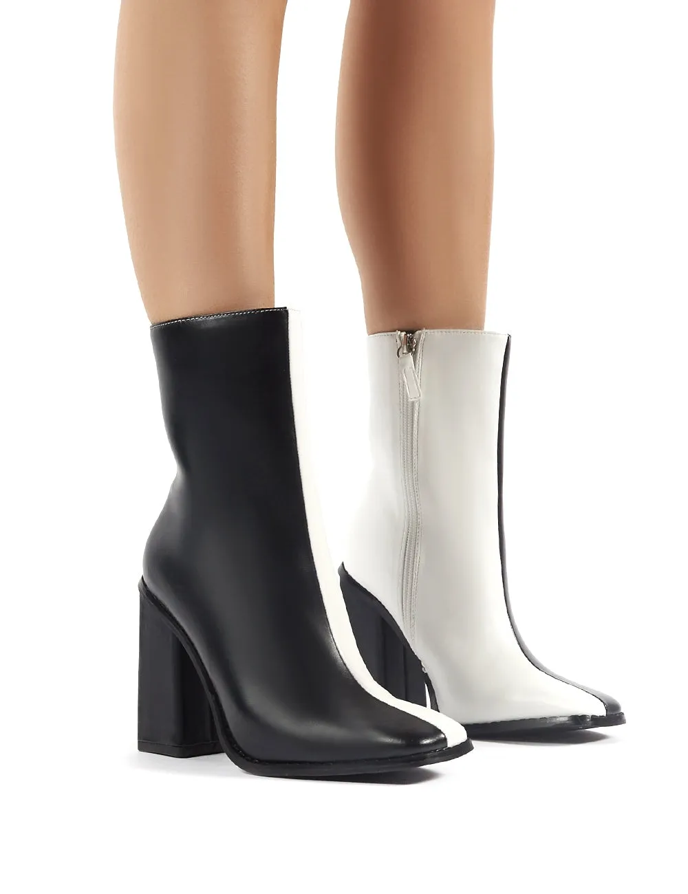 Slick Monochrome Square Toe Block Heeled Ankle Boots