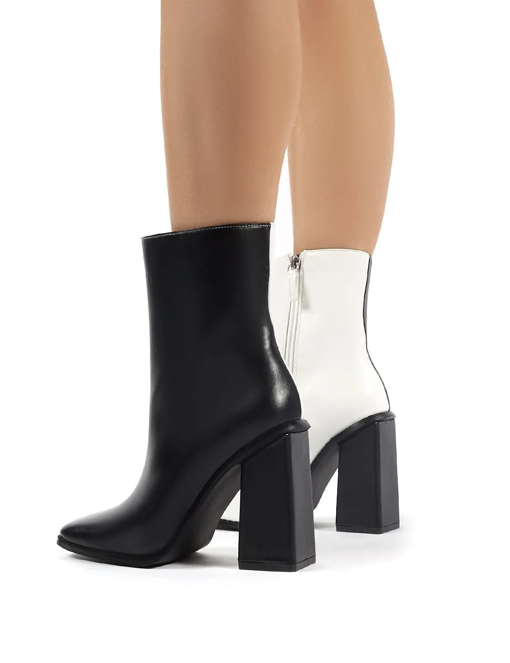 Slick Monochrome Square Toe Block Heeled Ankle Boots