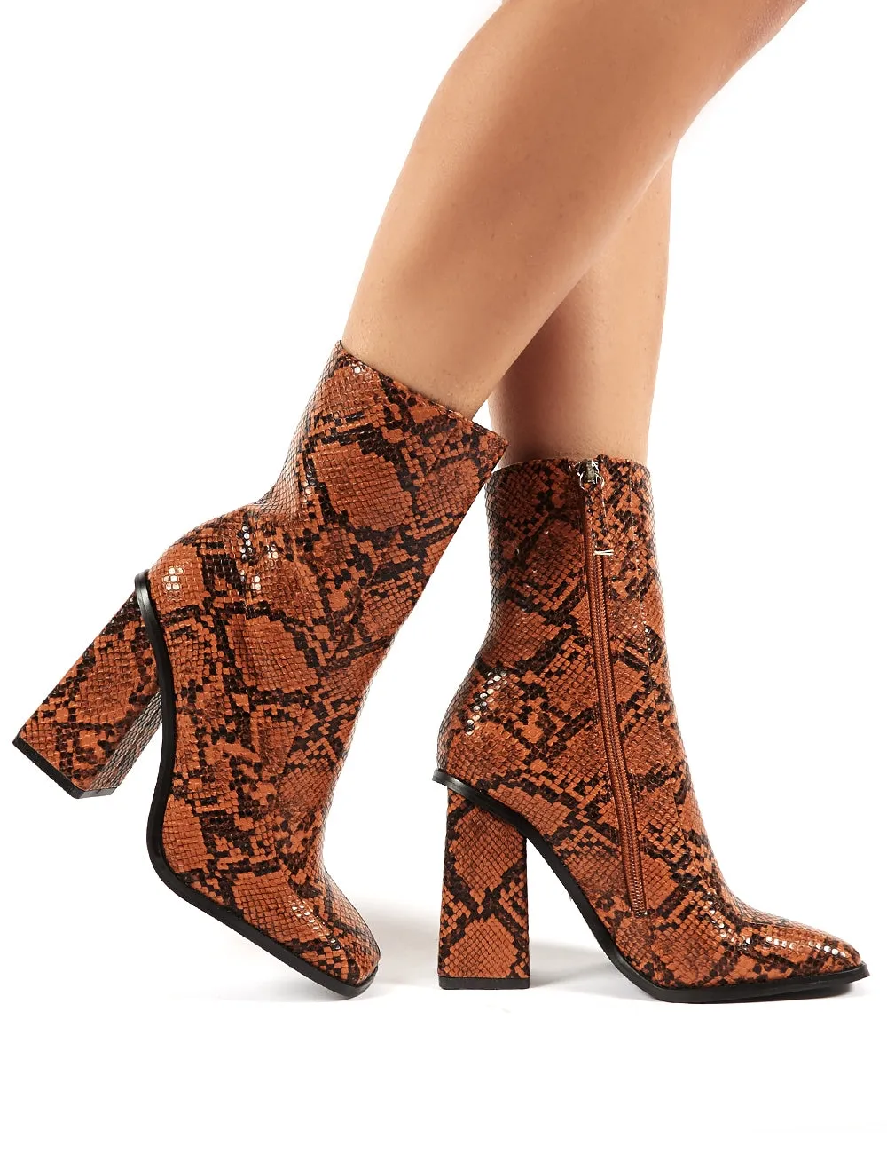 Slick Tan Snakeskin Square Toe Block Heeled Ankle Boots