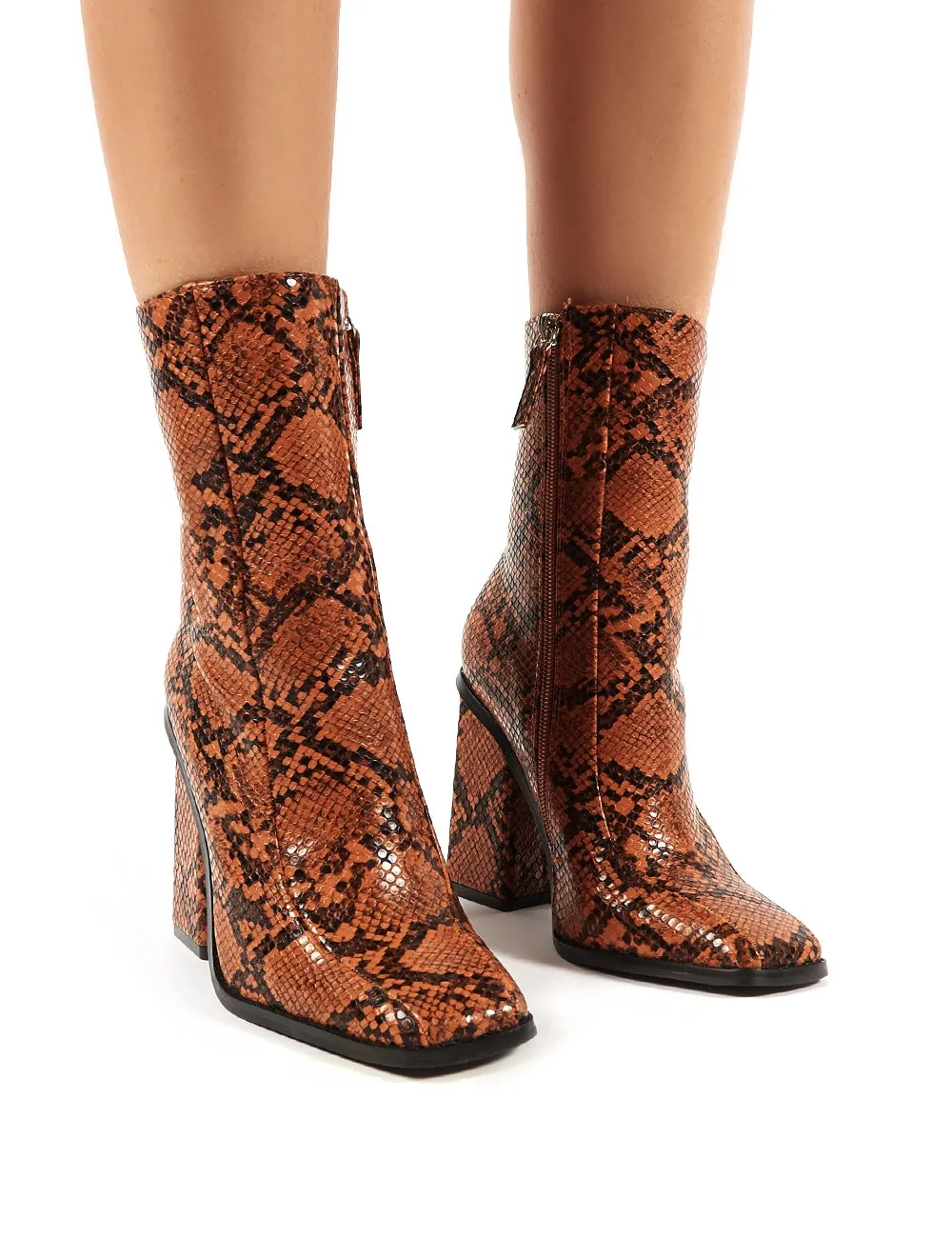 Slick Tan Snakeskin Square Toe Block Heeled Ankle Boots