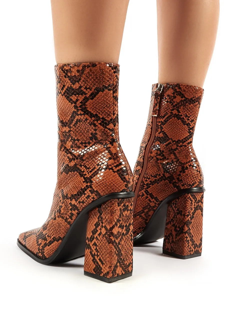 Slick Tan Snakeskin Square Toe Block Heeled Ankle Boots