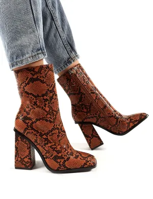 Slick Tan Snakeskin Square Toe Block Heeled Ankle Boots