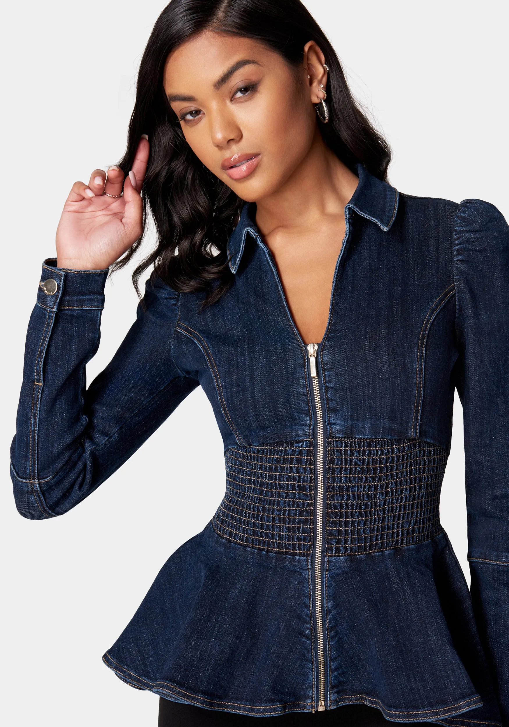 Smocked Waist Front Zip Denim Jacket