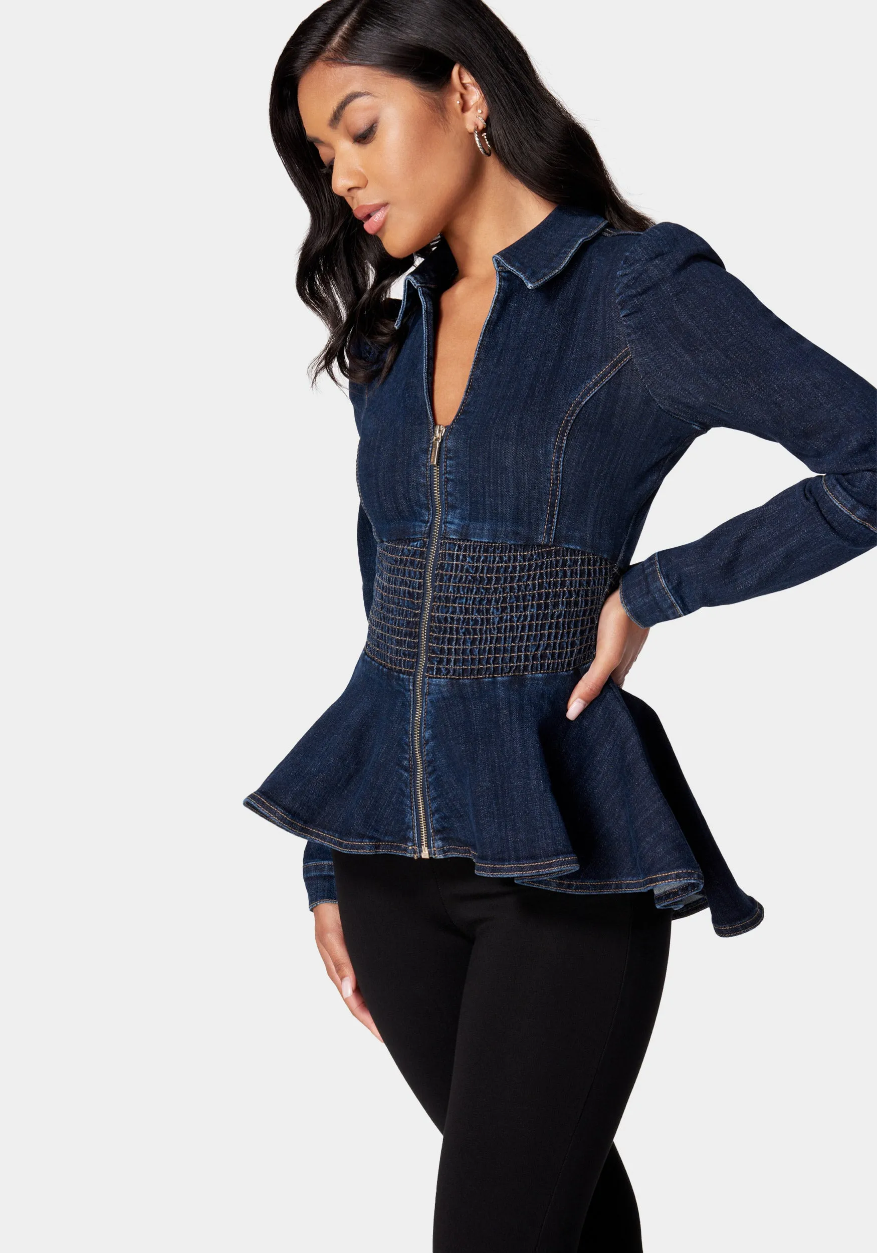 Smocked Waist Front Zip Denim Jacket