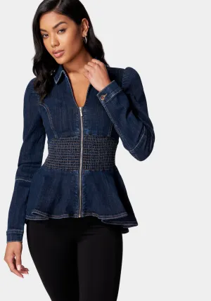 Smocked Waist Front Zip Denim Jacket