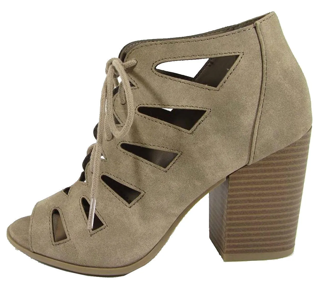 Soda Women's Cutout Lace Up Stacked Chunky Heel Peep Toe Bootie