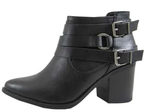 Soda Women's Strappy Buckle Moto Stacked Chunky Heel Ankle Bootie