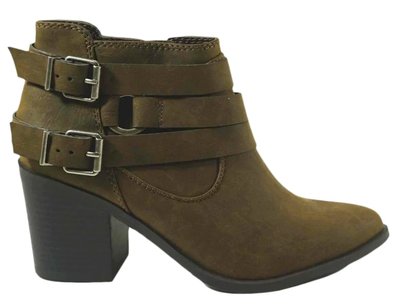 Soda Women's Strappy Buckle Moto Stacked Chunky Heel Ankle Bootie