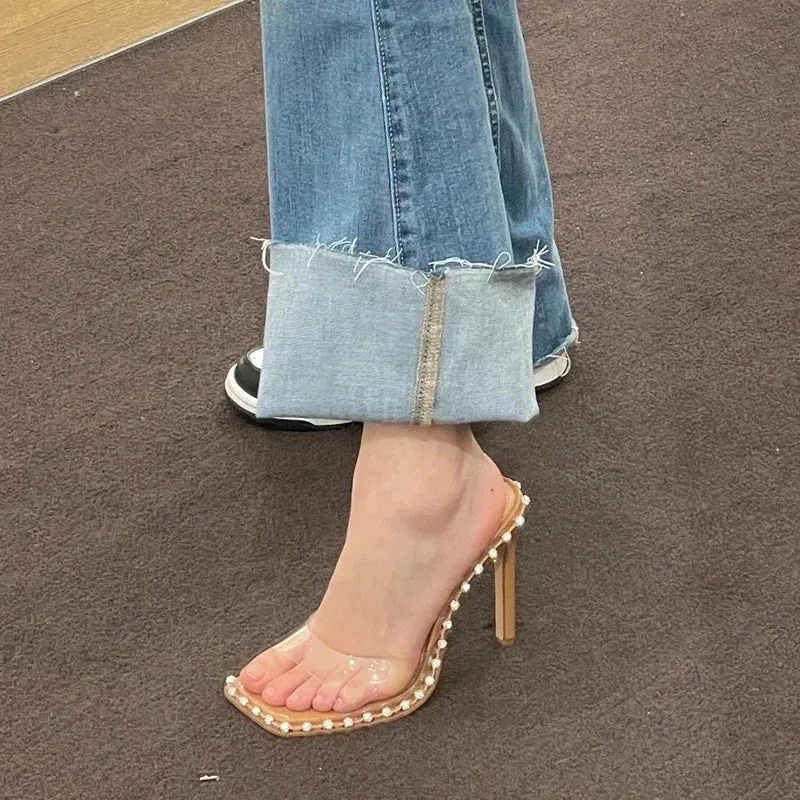 Sohiwoo  New One line Square Headed High Heels Sexy Water Diamond Transparent Open Toe Sandals for External Wearing of Slippers