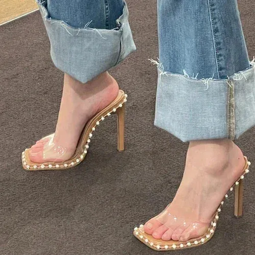 Sohiwoo  New One line Square Headed High Heels Sexy Water Diamond Transparent Open Toe Sandals for External Wearing of Slippers