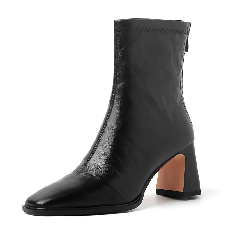 Square Toe Sheepskin Slimming Boots 70mm Heeled Back Zipper Ankle Boots In Black/Coffee