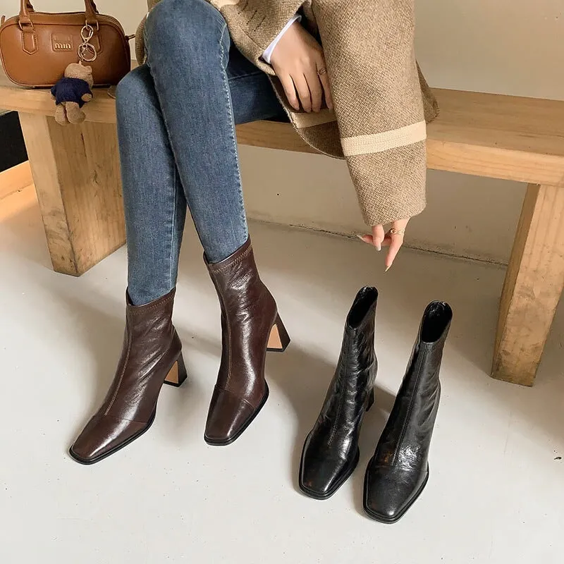 Square Toe Sheepskin Slimming Boots 70mm Heeled Back Zipper Ankle Boots In Black/Coffee