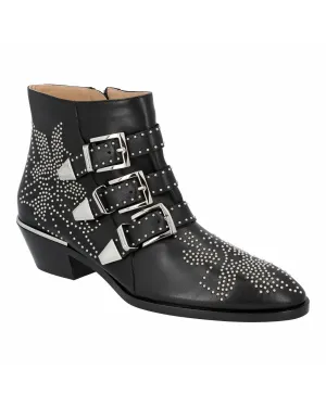 Studded Black Leather Heeled Boots