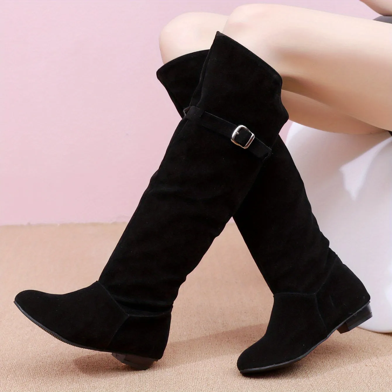 Stylish Comfort Stretch Knee High Boots - Knee-High, Solid Color, Buckle Strap, Low Heeled, Long, Pull-On, Soft, Breathable, and Comfortable Boots for Women