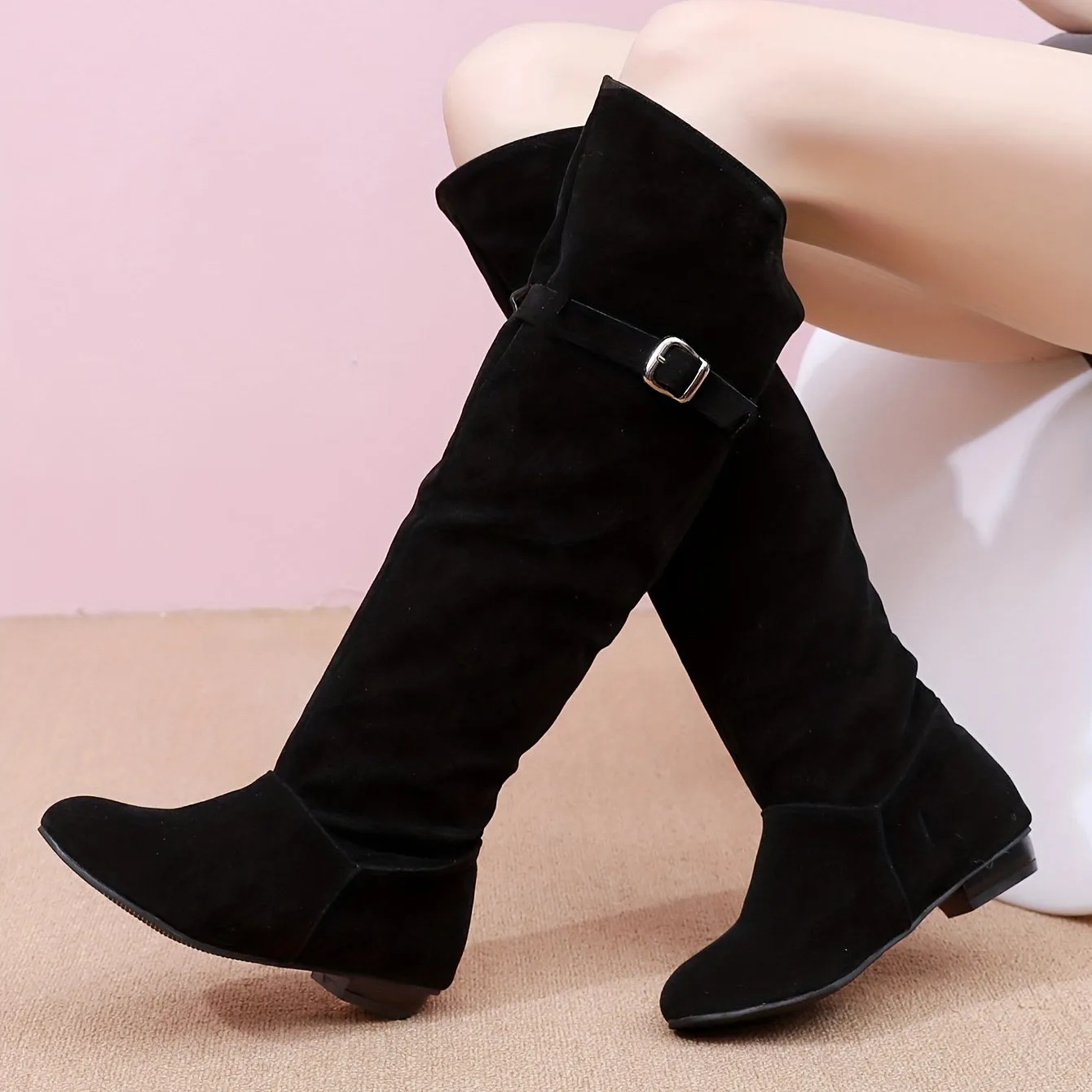 Stylish Comfort Stretch Knee High Boots - Knee-High, Solid Color, Buckle Strap, Low Heeled, Long, Pull-On, Soft, Breathable, and Comfortable Boots for Women