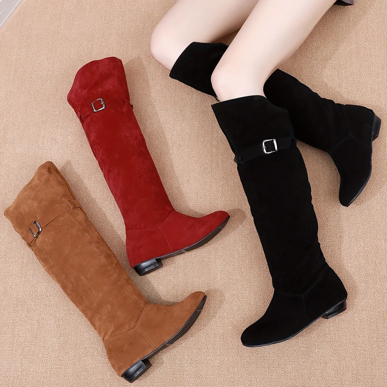 Stylish Comfort Stretch Knee High Boots - Knee-High, Solid Color, Buckle Strap, Low Heeled, Long, Pull-On, Soft, Breathable, and Comfortable Boots for Women