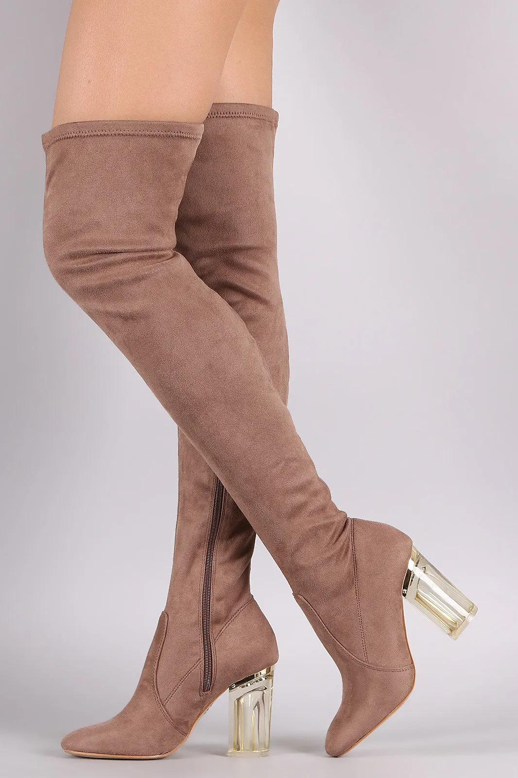 Suede Chunky Lucite Heeled Over-The-Knee Boots