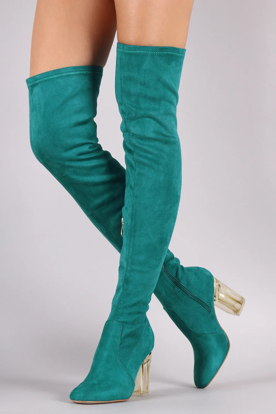 Suede Chunky Lucite Heeled Over-The-Knee Boots