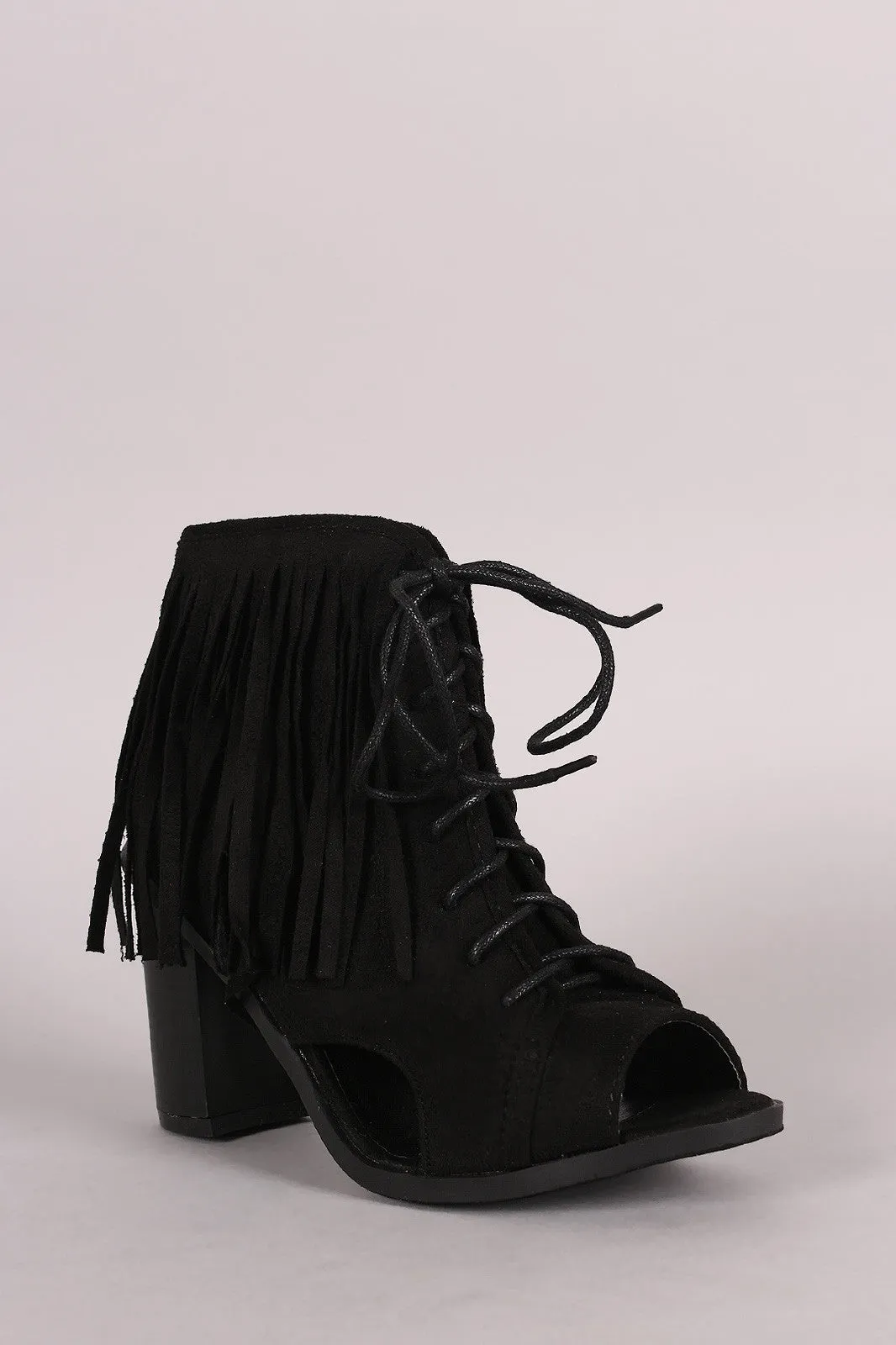 Suede Fringe Lace Up Chunky Heeled Ankle Boots