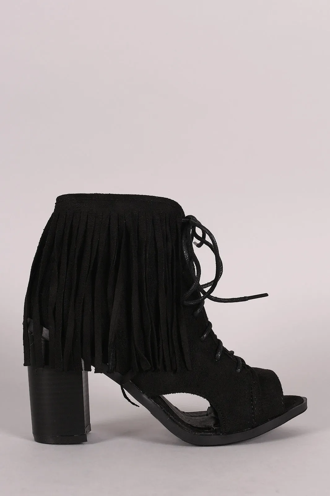 Suede Fringe Lace Up Chunky Heeled Ankle Boots