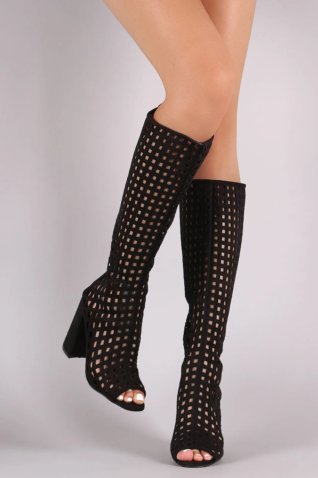 Suede Perforated Peep Toe Chunky Heeled Boots