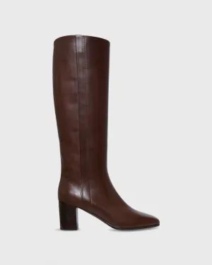 Tall Heeled Zip Boot in Dark Brown Leather