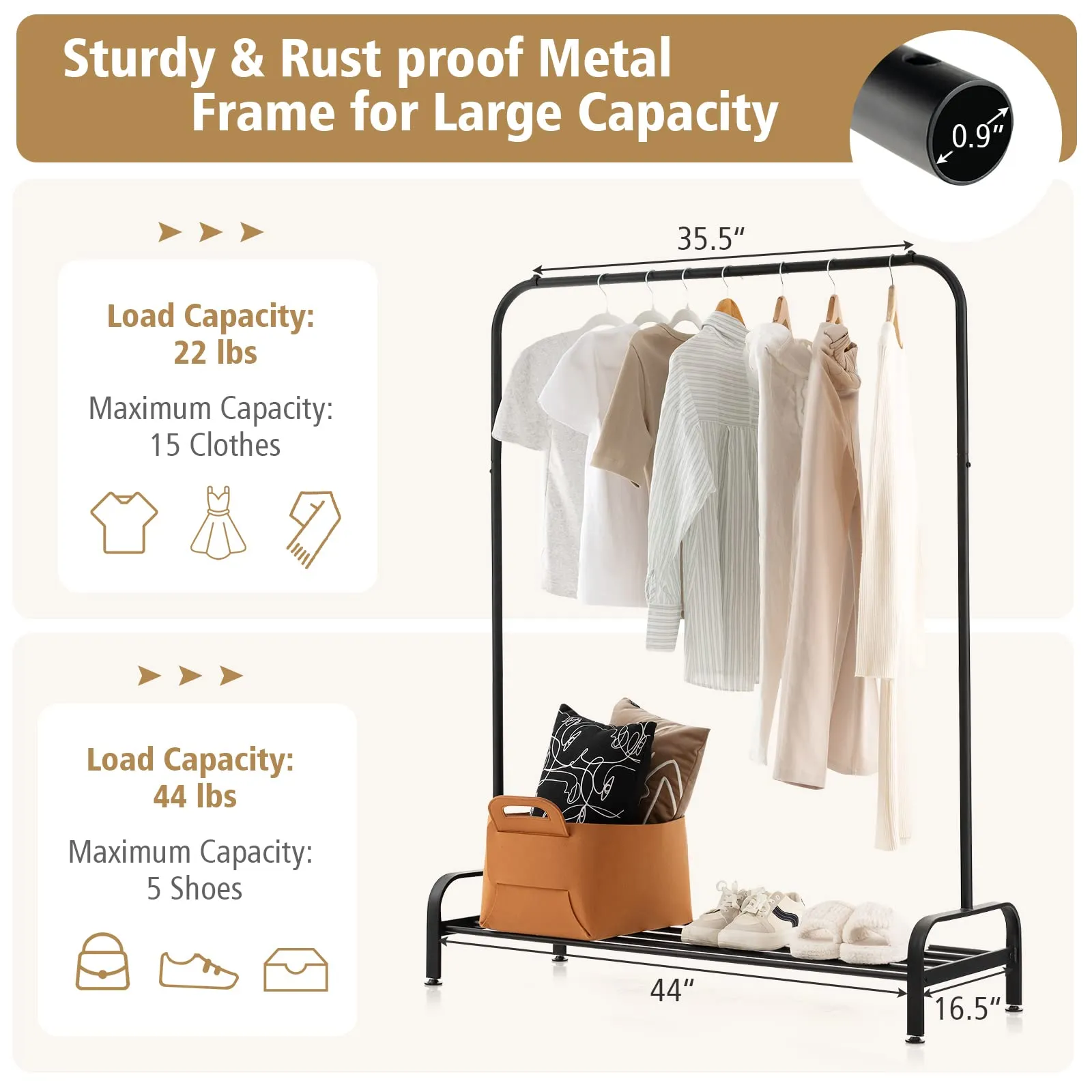 Tangkula Metal Garment Rack, 44" Clothing Rack with Top Rod and Lower Storage Shelf