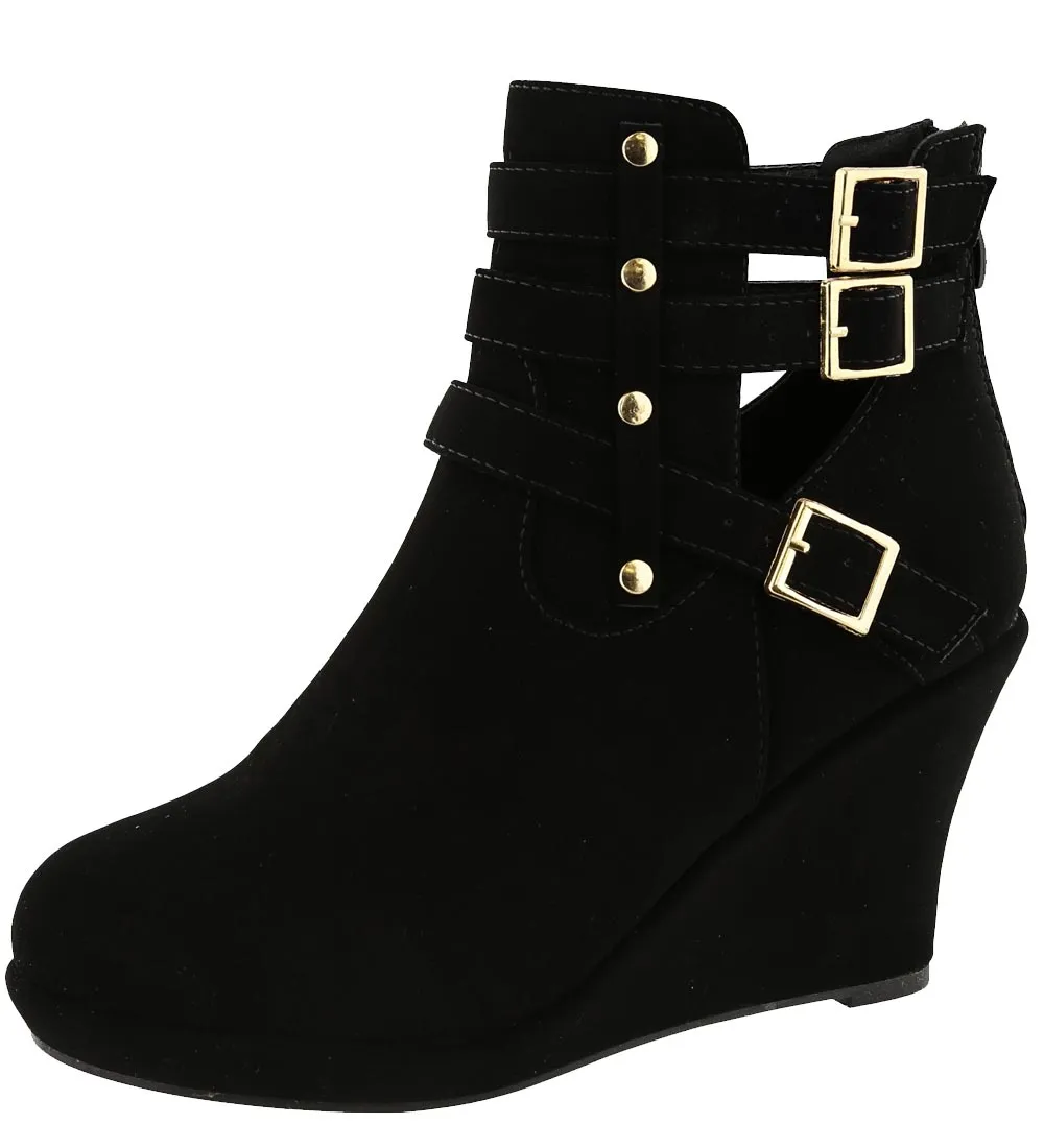 Top Moda Women's Buckle Accent Wedge Heel Bootie