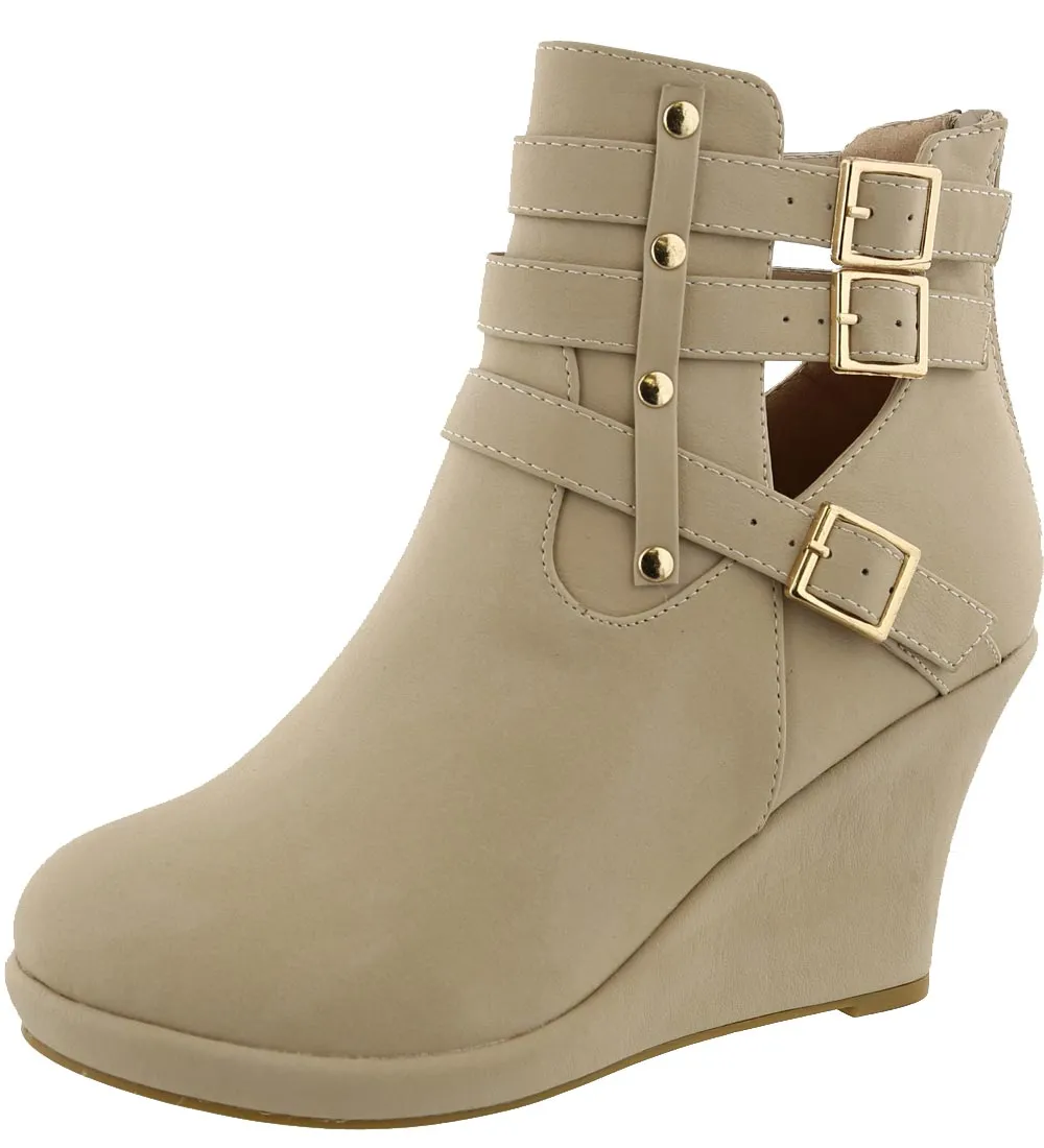 Top Moda Women's Buckle Accent Wedge Heel Bootie