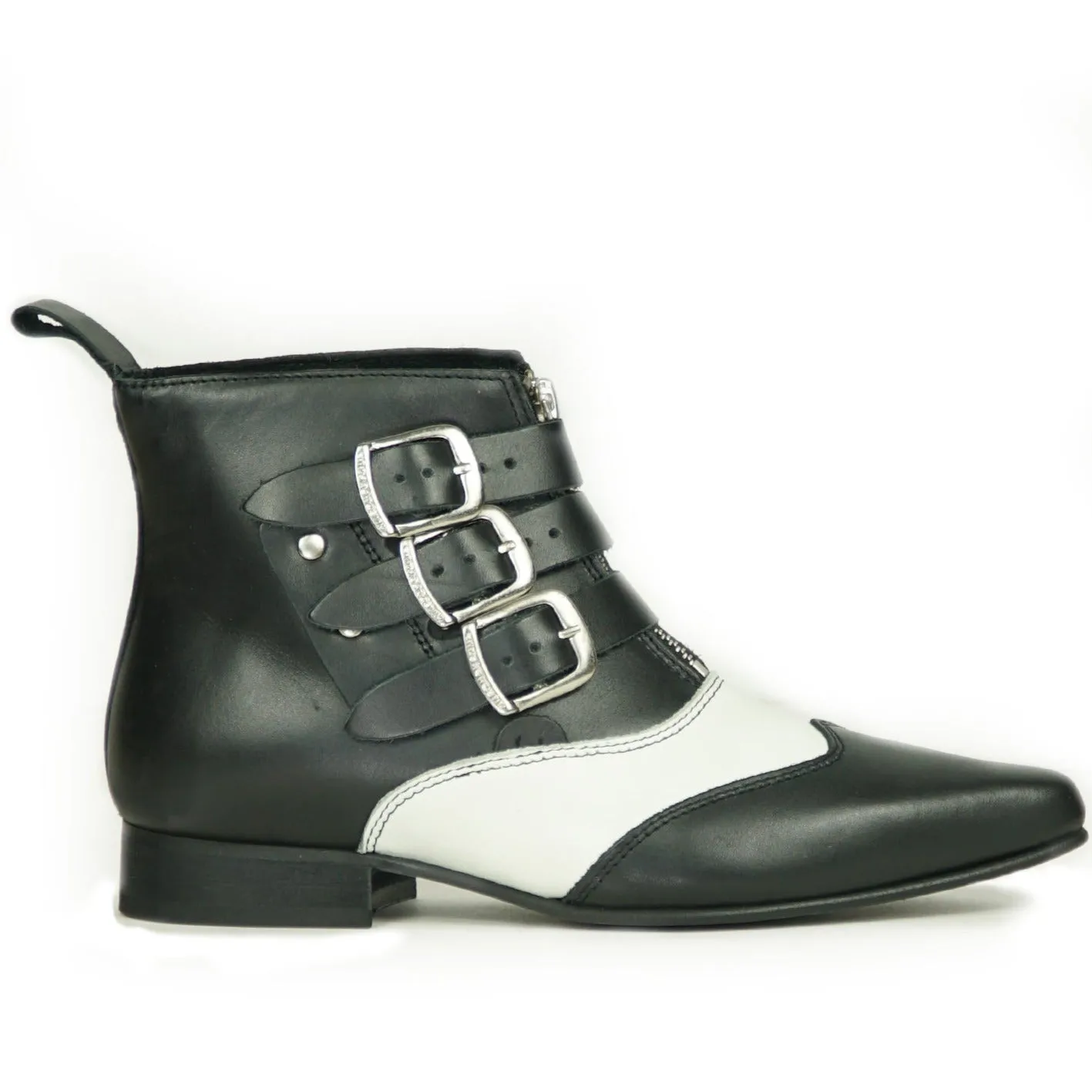 Underground Blk/White Blitz Winklepicker 3 Strap Zip Boots