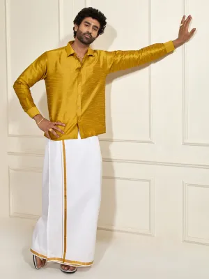 VASTRAMAY Men's Mustard Silk Blend Shirt And Mundu