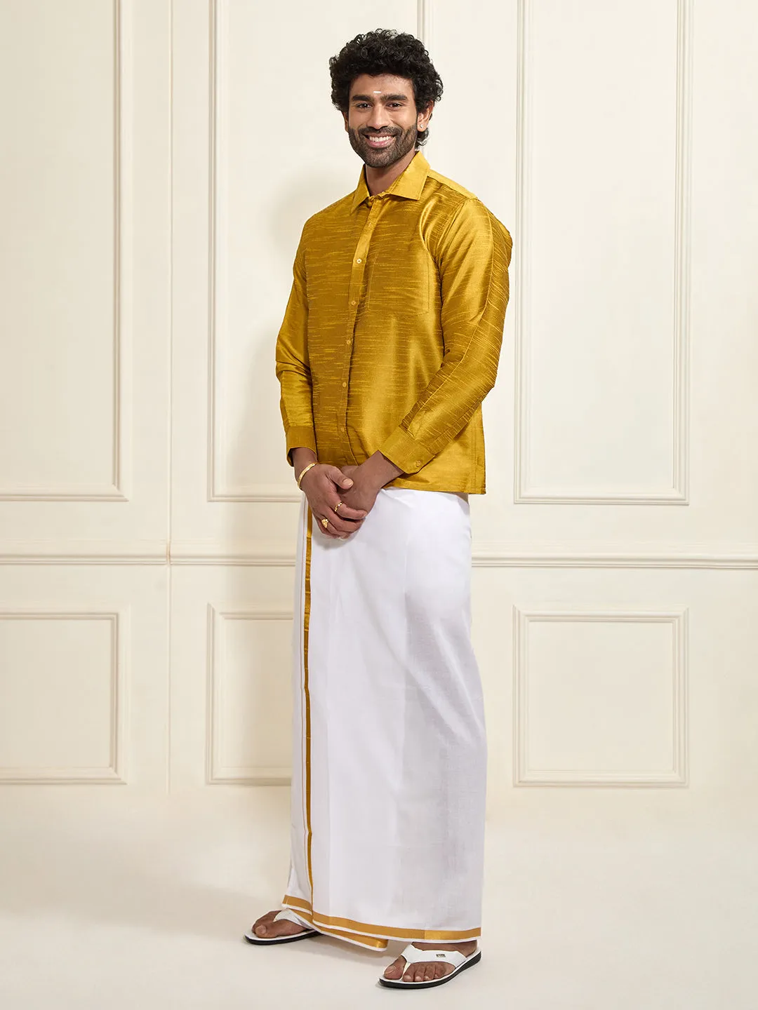 VASTRAMAY Men's Mustard Silk Blend Shirt And Mundu