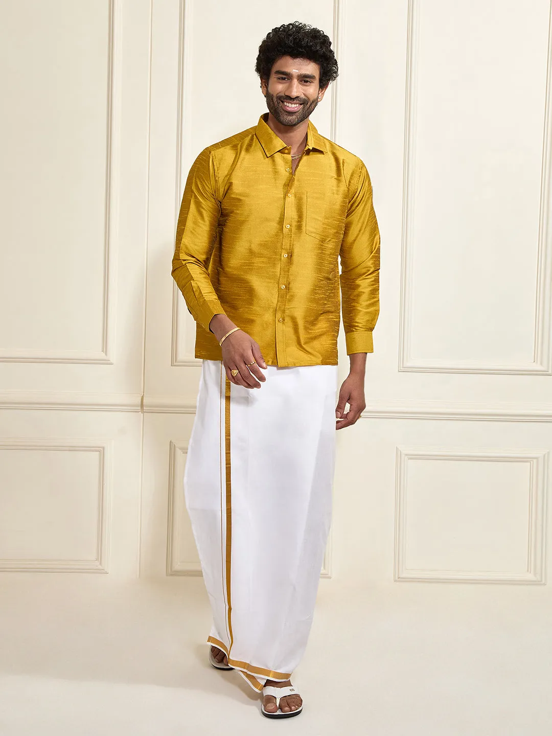 VASTRAMAY Men's Mustard Silk Blend Shirt And Mundu