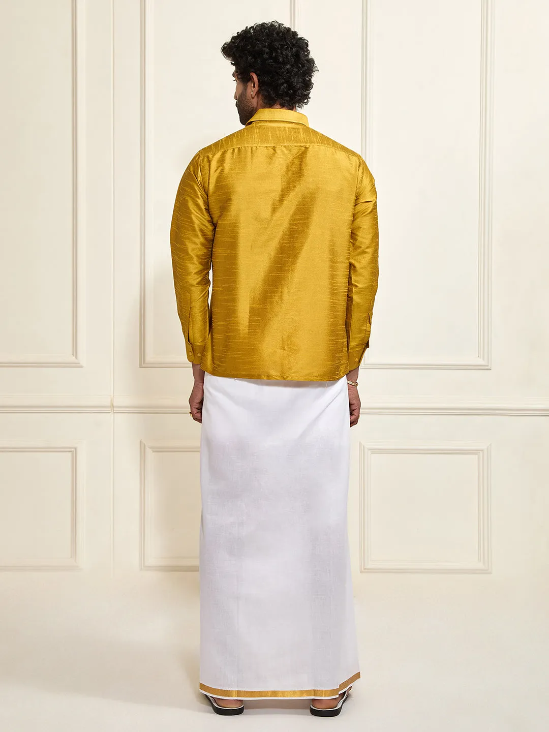 VASTRAMAY Men's Mustard Silk Blend Shirt And Mundu