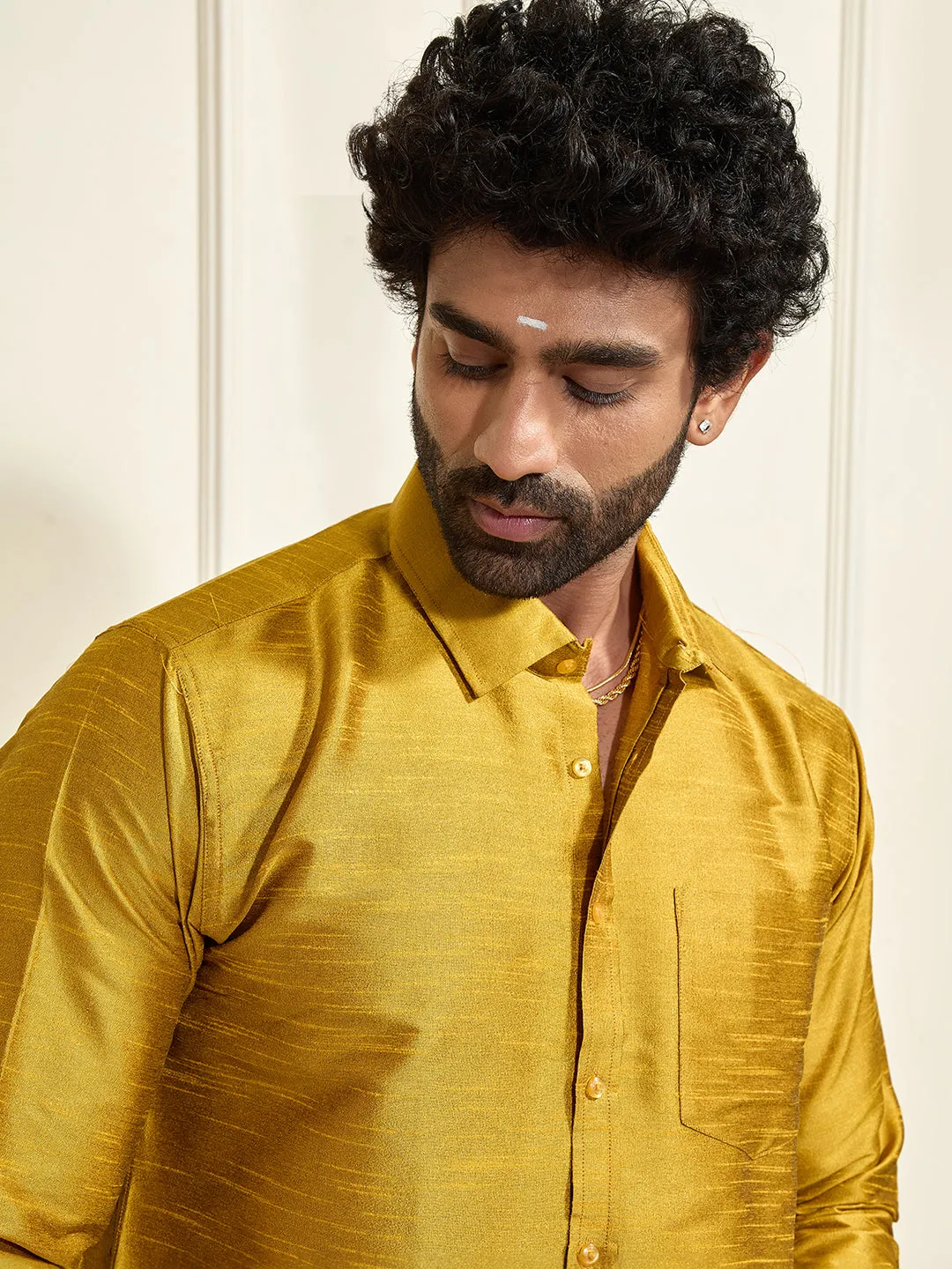 VASTRAMAY Men's Mustard Silk Blend Shirt And Mundu