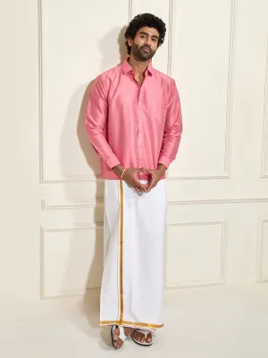 VASTRAMAY Men's Pink Silk Blend Shirt And Mundu