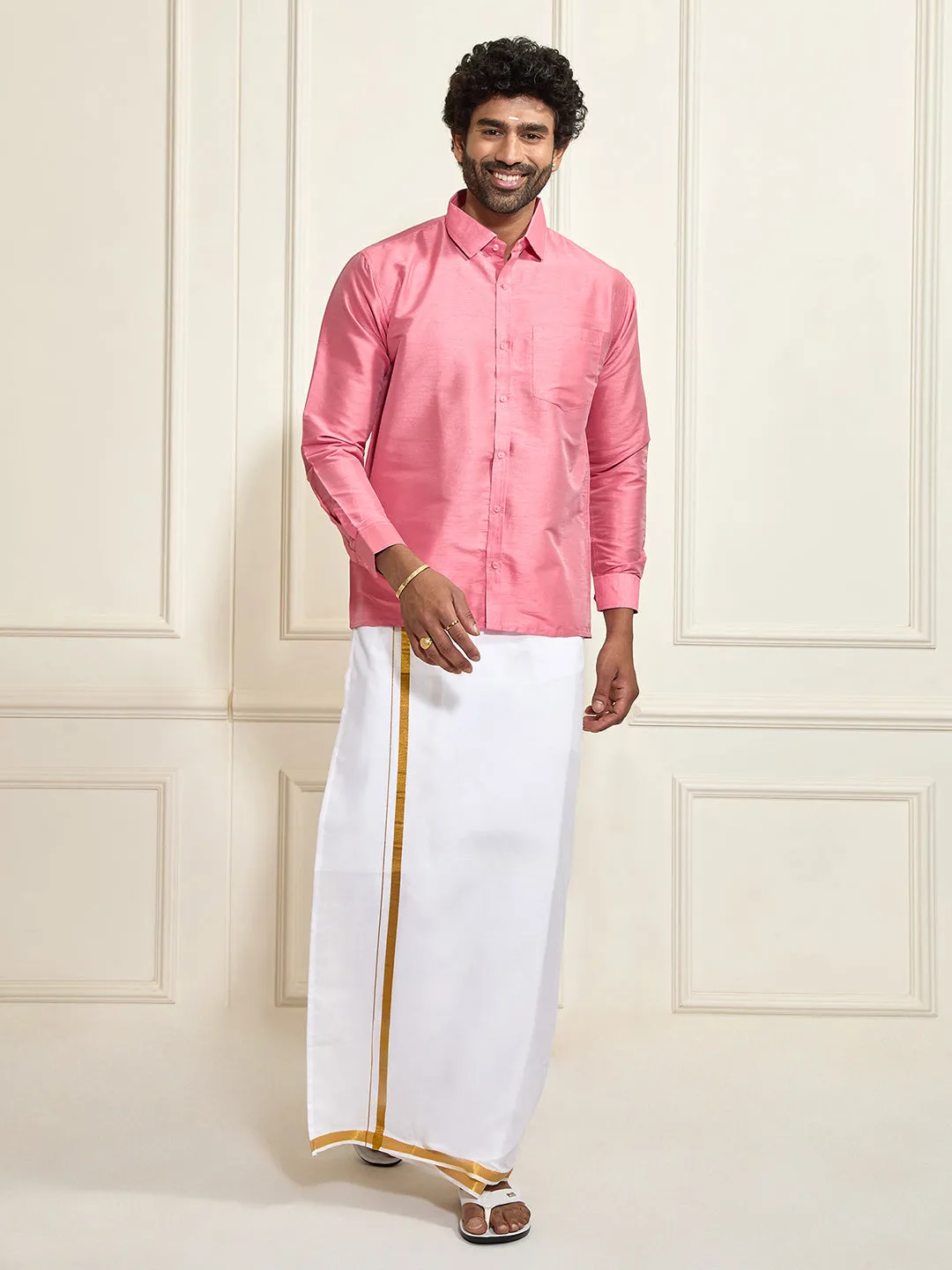 VASTRAMAY Men's Pink Silk Blend Shirt And Mundu