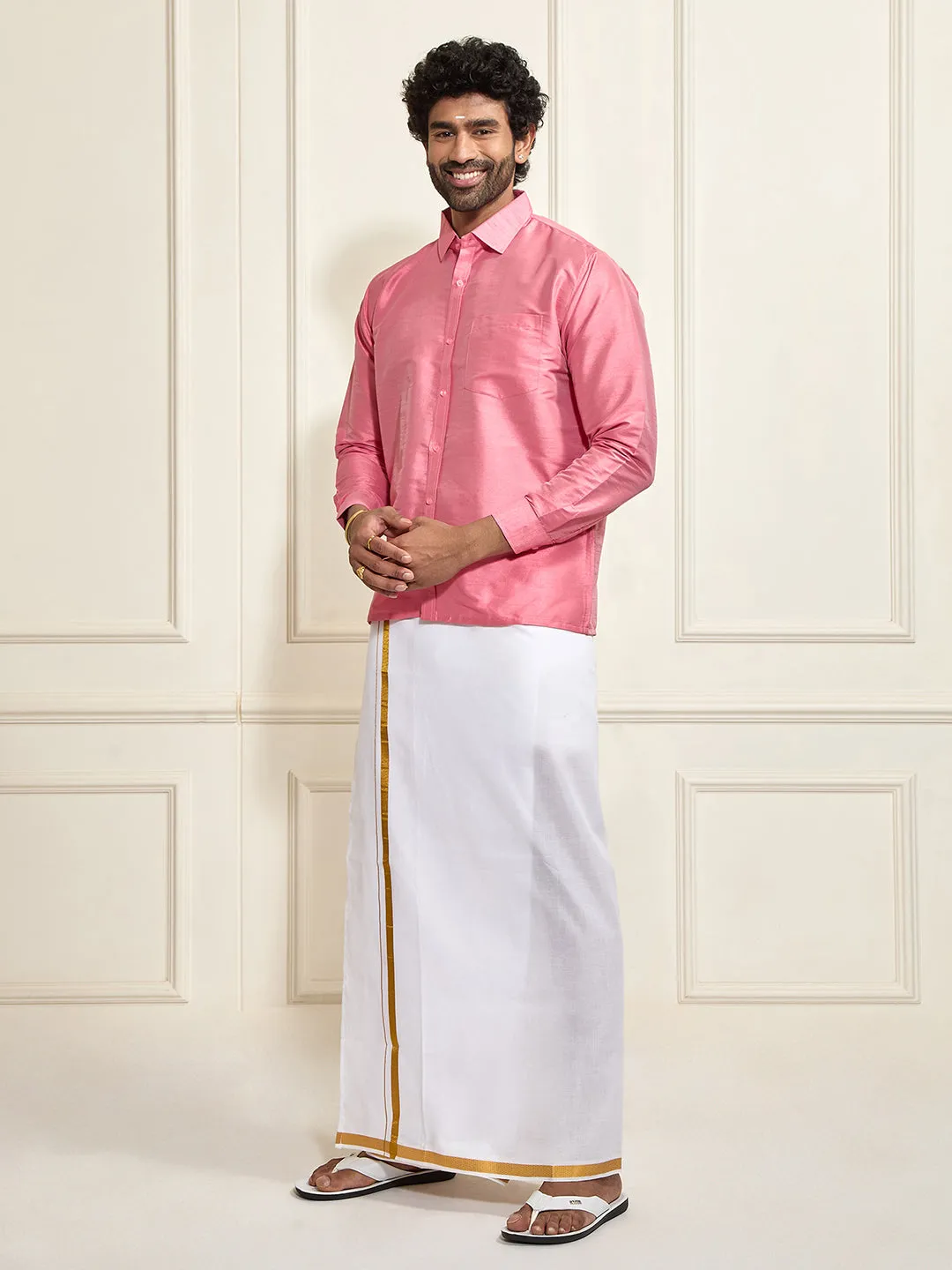 VASTRAMAY Men's Pink Silk Blend Shirt And Mundu