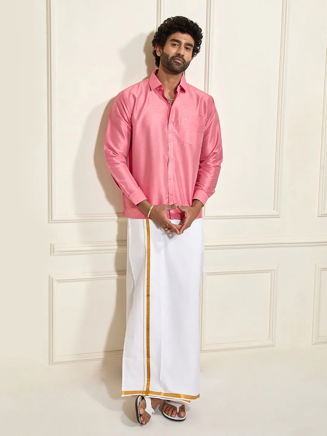 VASTRAMAY Men's Pink Silk Blend Shirt And Mundu