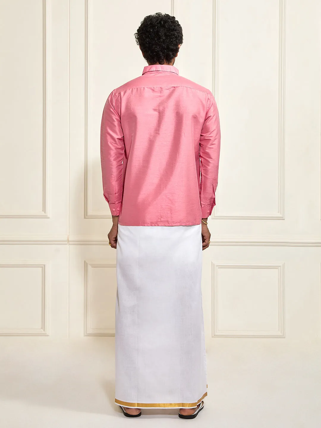 VASTRAMAY Men's Pink Silk Blend Shirt And Mundu