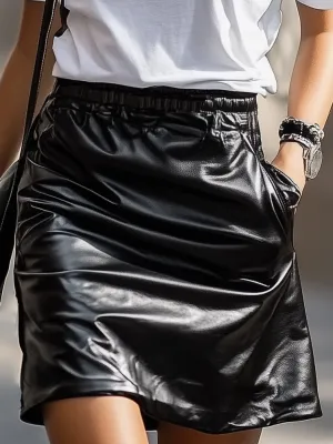 Versatile Eco-Leather Elastic Waist Skirt