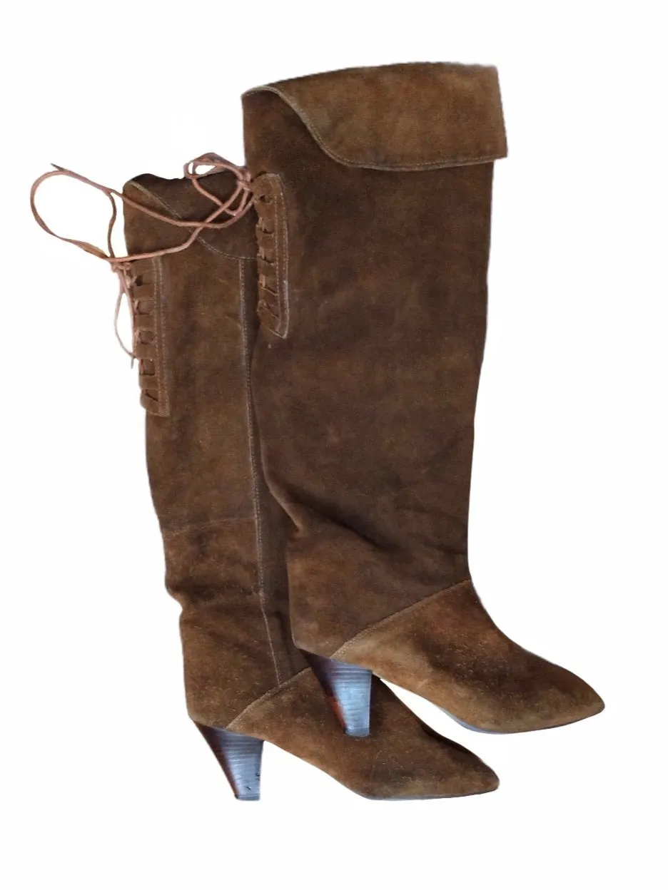 Vintage 70s Hippie Boho Brown Suede Leather Pointed Toe Back Lace Up Heeled Knee High Boots