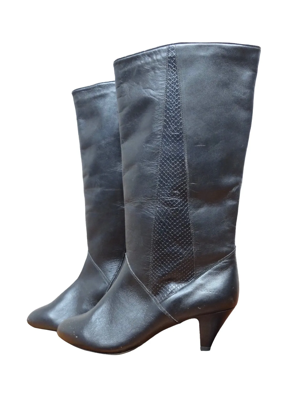 Vintage 80s Bohemian Avant-Garde Glam Rock Chic Mid-Calf Black Leather Heeled Zip Up Boots | Women’s Size US 6, EU 37, UK 4