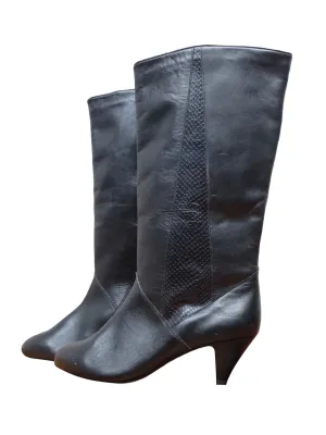 Vintage 80s Bohemian Avant-Garde Glam Rock Chic Mid-Calf Black Leather Heeled Zip Up Boots | Women’s Size US 6, EU 37, UK 4